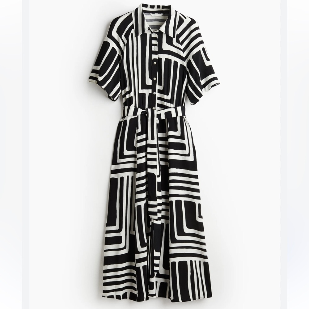 H&M Women’s Black Patterned Tie Belt Midi Shirt Dress size Medium